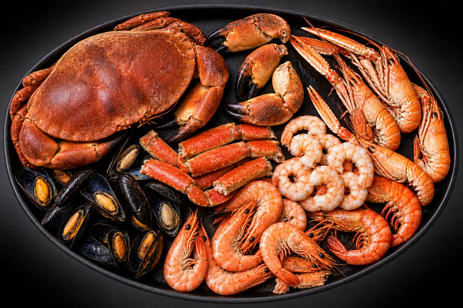 Kath and Wendy's base seafood boil with whole crab, crab claws, crab legs, mussels, langoustines, peeled king prawns and shell-on crevettes